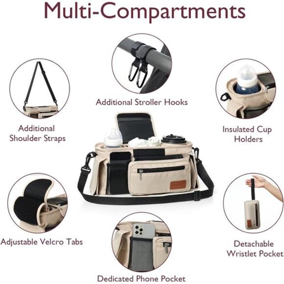 Universal Stroller Organizer with Insulated Cup Holder Detachable Phone Bag - Picture 2 of 8